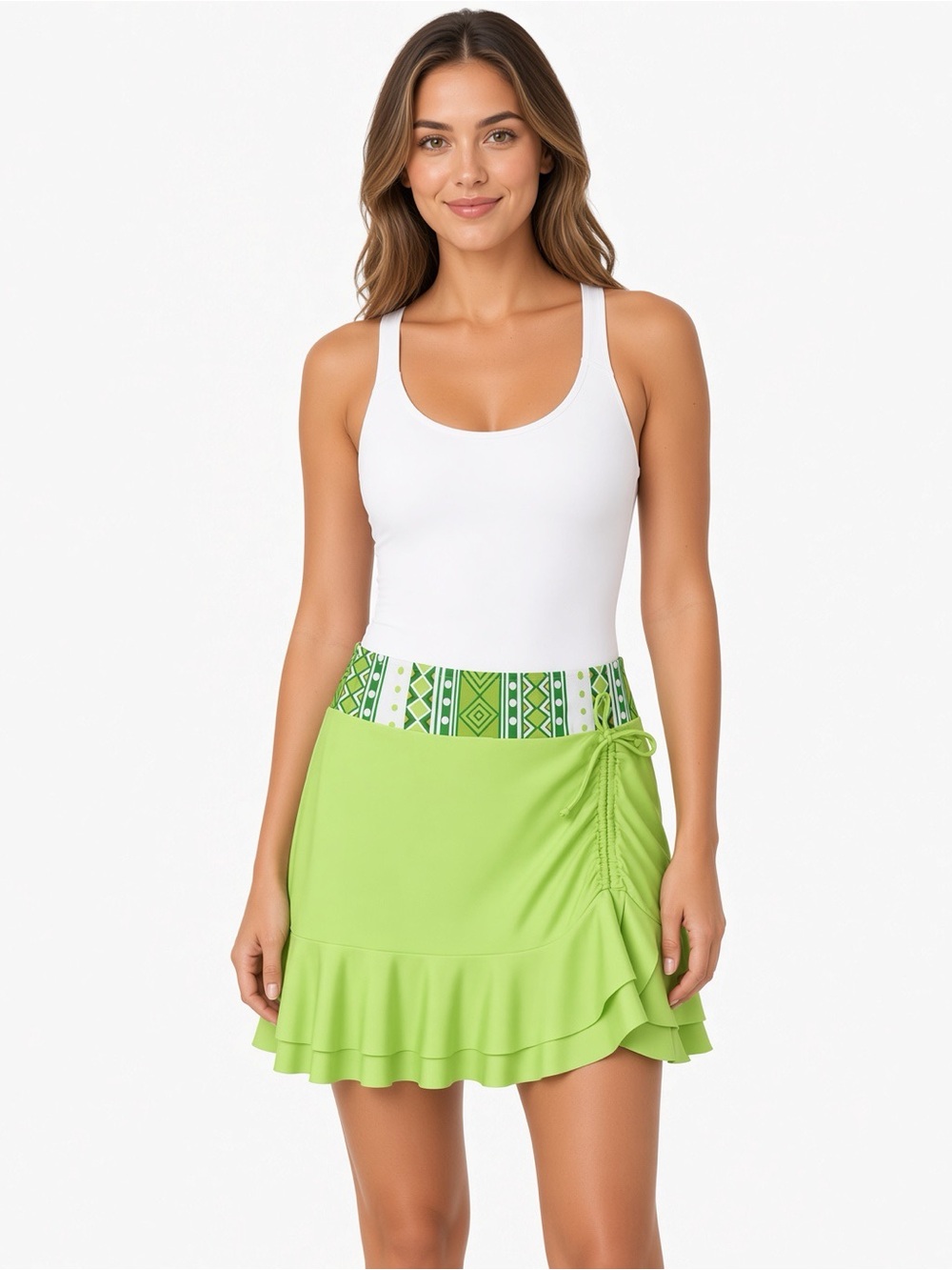 Green Ruffled Swim Skirt with Patterned Waistband